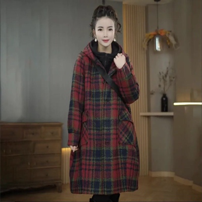毛呢外套秋冬宽松大码中长款格子连帽呢子大衣小个子夹棉加厚风衣