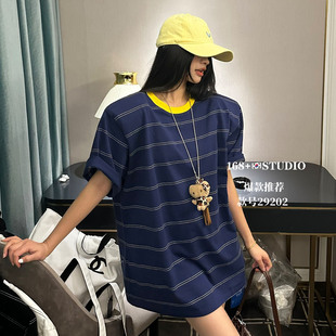 休闲风条纹短袖t恤女宽松韩版百搭撞色圆领大版中长款遮屁股上衣