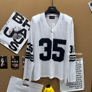 潮酷棒球服风数字印花V领防晒T恤女宽松韩版显瘦轻薄长袖上衣洋气