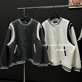 拼接撞色加绒加厚棒球服拉链开衫外套女宽松大码中长款bf潮牌上衣