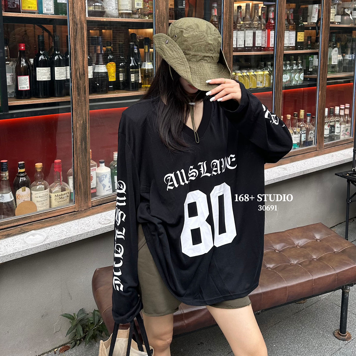 韩系大码字母印花长袖防晒衣女oversize中长款显瘦t恤空调衫v领