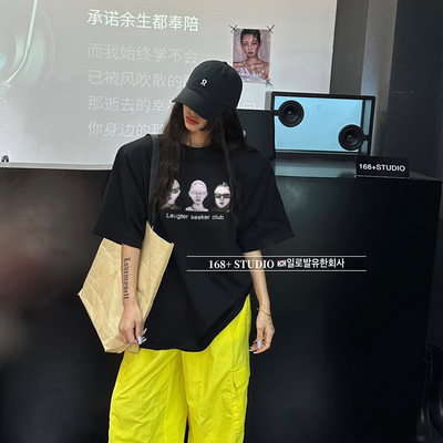 垫肩圆领黑色纯棉短袖t恤女宽松大版半袖中长款遮屁股上衣ins潮牌