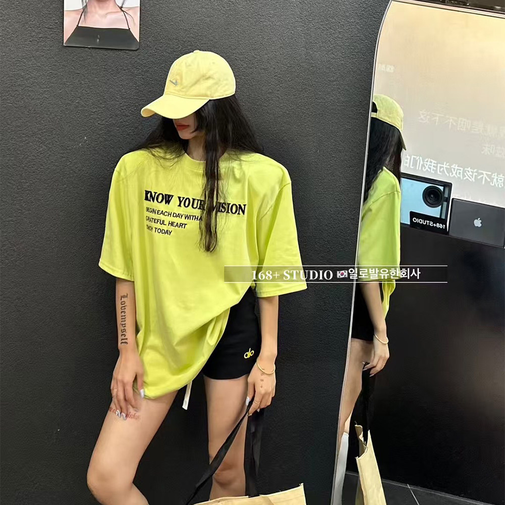 垫肩字母印花短袖t恤女宽松大版半袖洋气上衣ins潮中长款遮屁股