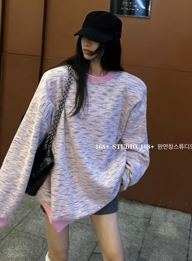 彩色条纹撞色圆领无帽子卫衣女2025新款爆款宽松韩版中长款上衣潮
