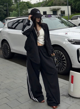 韩系休闲黑色运动套装女宽松慵懒风连帽开衫阔腿拖地裤两件套洋气