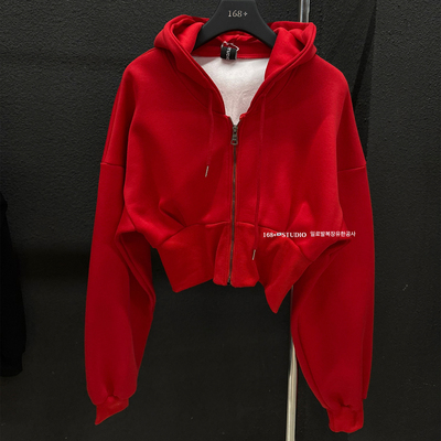 短款加绒卫衣外套女秋冬加厚收腰2025新款爆款洋气时尚红色上衣潮
