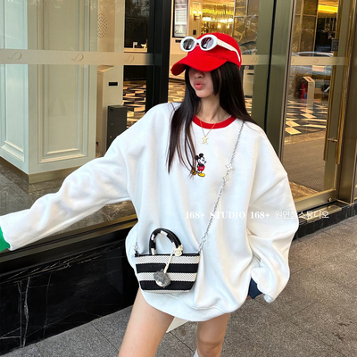 卡通米奇圆领撞色卫衣女2025新款爆款春秋宽松韩版中长款慵懒上衣