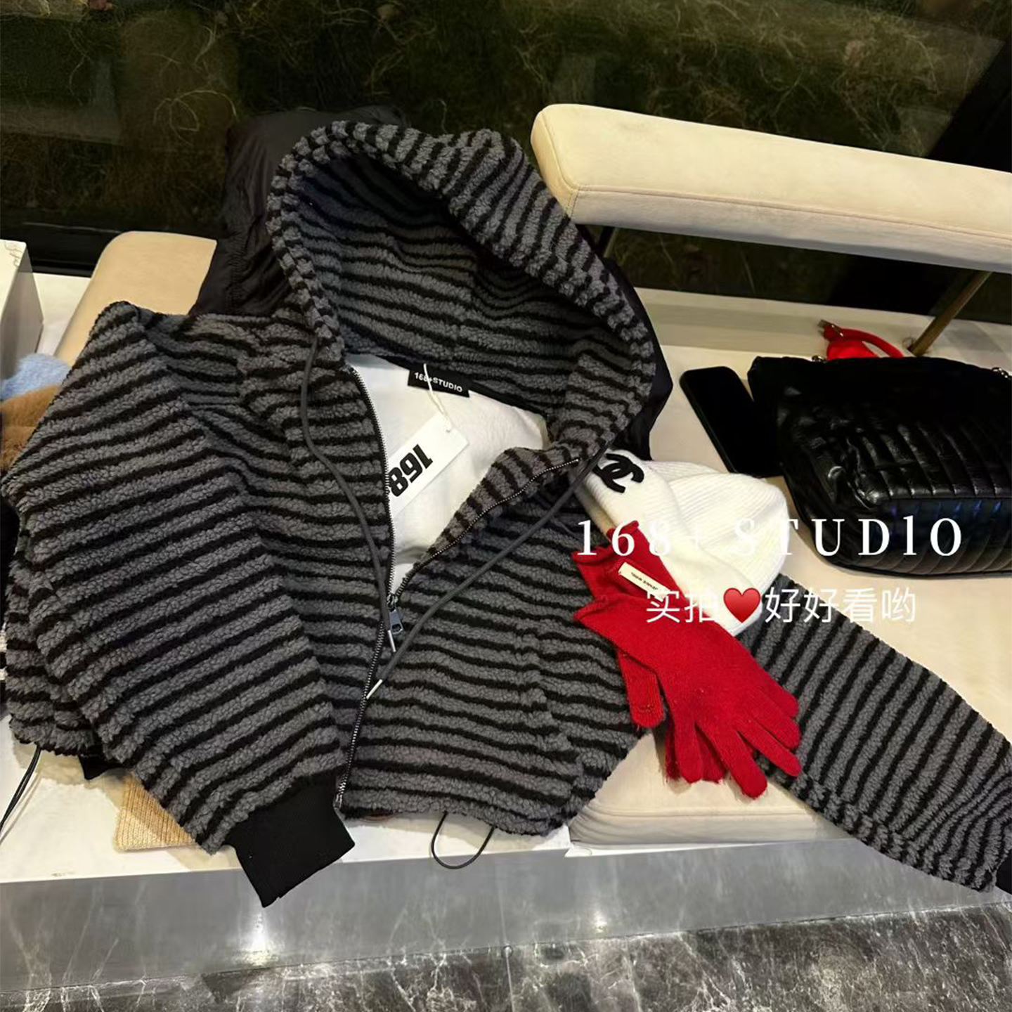 羊羔毛条纹短款开衫卫衣外套女加绒2025新款爆款小个子上衣洋气潮