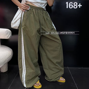 2025夏季新款韩版裤子运动休闲裤女阔腿裤子侧边凭条高腰显瘦长裤
