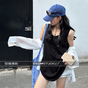 黑色净版无袖t恤女设计感小众宽松中长款大码洋气时尚运动背心潮