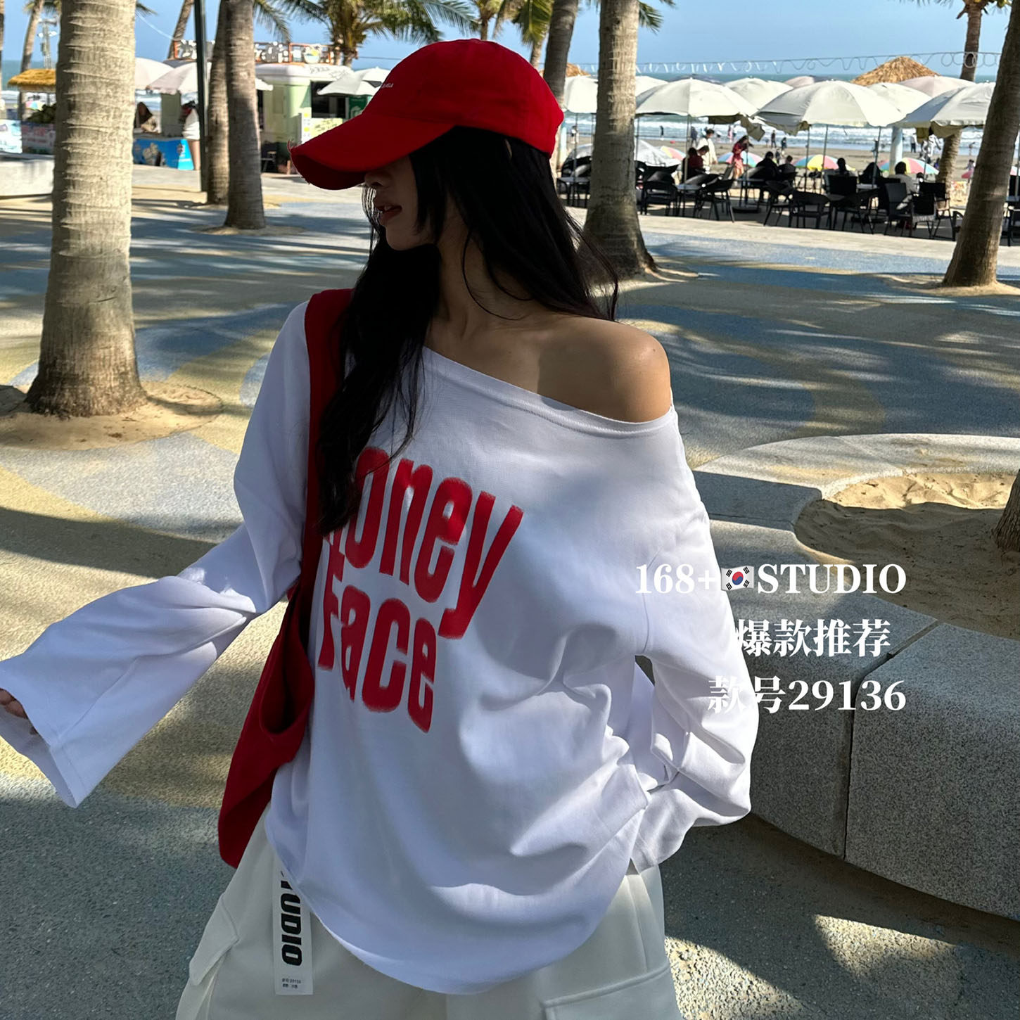 美式复古辣妹斜肩长袖t恤女字母印花慵懒风防晒罩衫中长款上衣潮