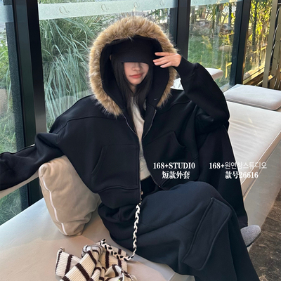 毛领连帽短款卫衣外套女加绒加厚2025新款爆款宽松韩版小个子上衣