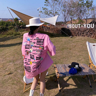 荧光粉潮牌粉色短袖t恤2026新款女宽松韩版长款下装消失半袖上衣