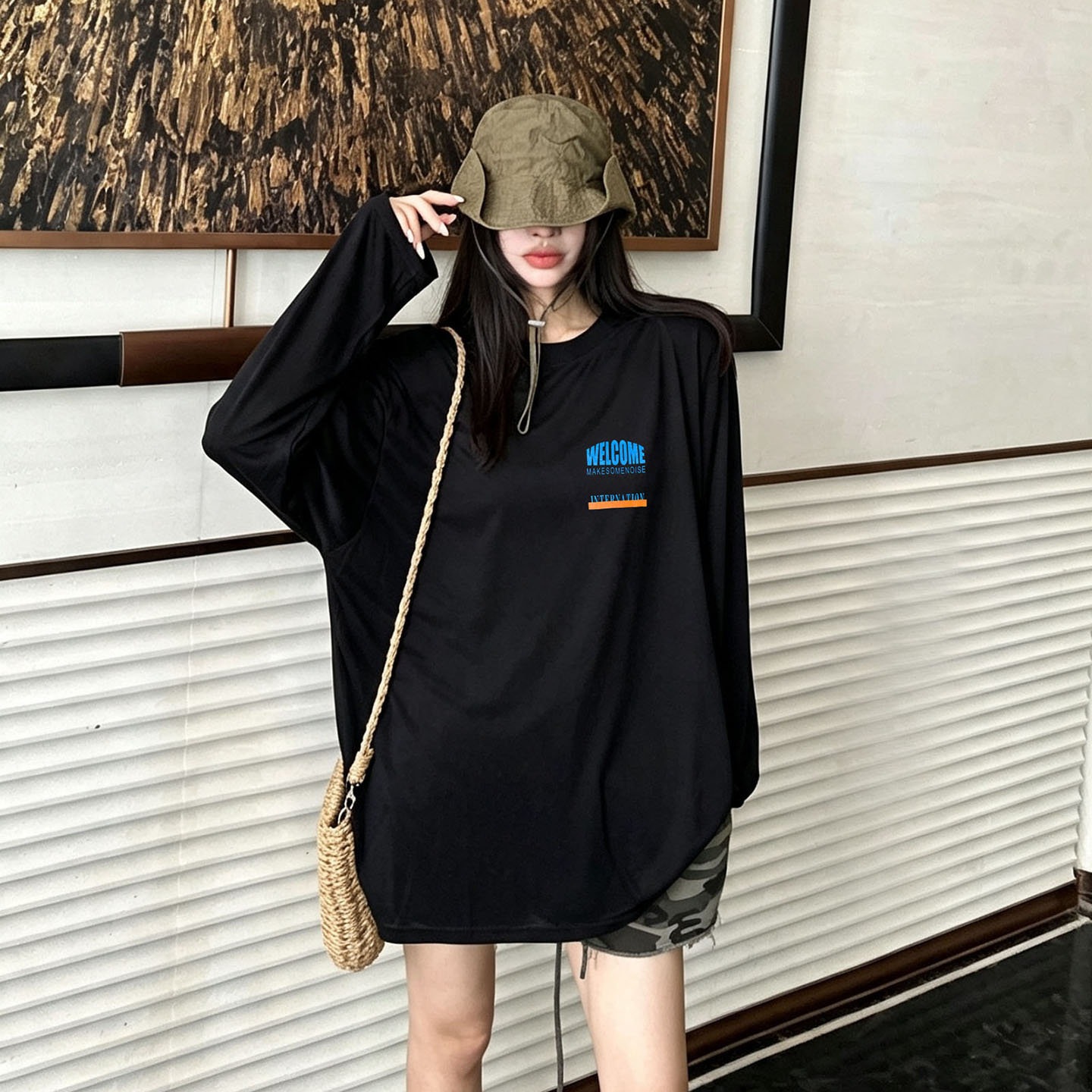 黑色微透垫肩长袖防晒上衣女休闲百搭中长款显瘦凉感空调衫t恤潮