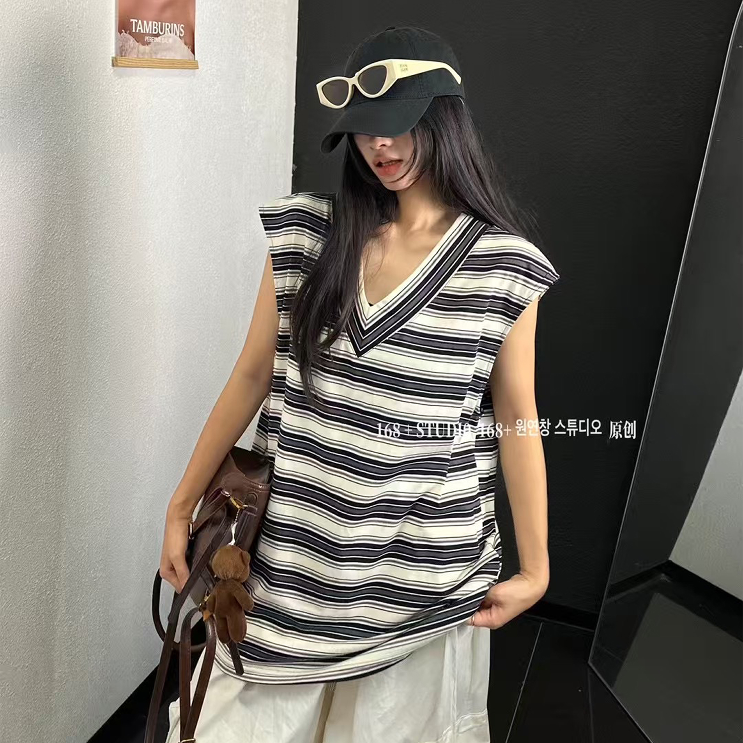 条纹V领无袖背心女宽松大版大t恤中长款遮屁股洋气显瘦上衣ins潮
