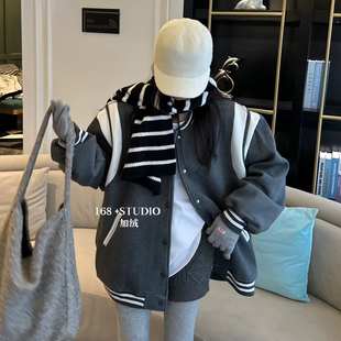拼接撞色加绒加厚棒球服拉链开衫外套女宽松大码中长款夹克衫上衣