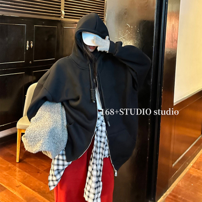 加绒卫衣外套女秋冬加厚2025新款爆款宽松韩版慵懒风开衫连帽上衣