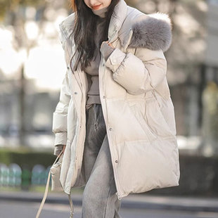 御寒神器！狐狸毛领黑绷带高端鹅绒服 冬季中长款90白鹅绒羽绒服