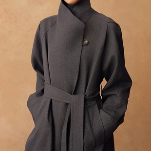 超软超舒适!秋冬新款露珠羊毛肌理两穿大气翻领系带长款风衣外套