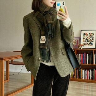 外套 高质感人字纹复古粗花呢绿色100%羊毛西装 舒适亲肤 春秋新款