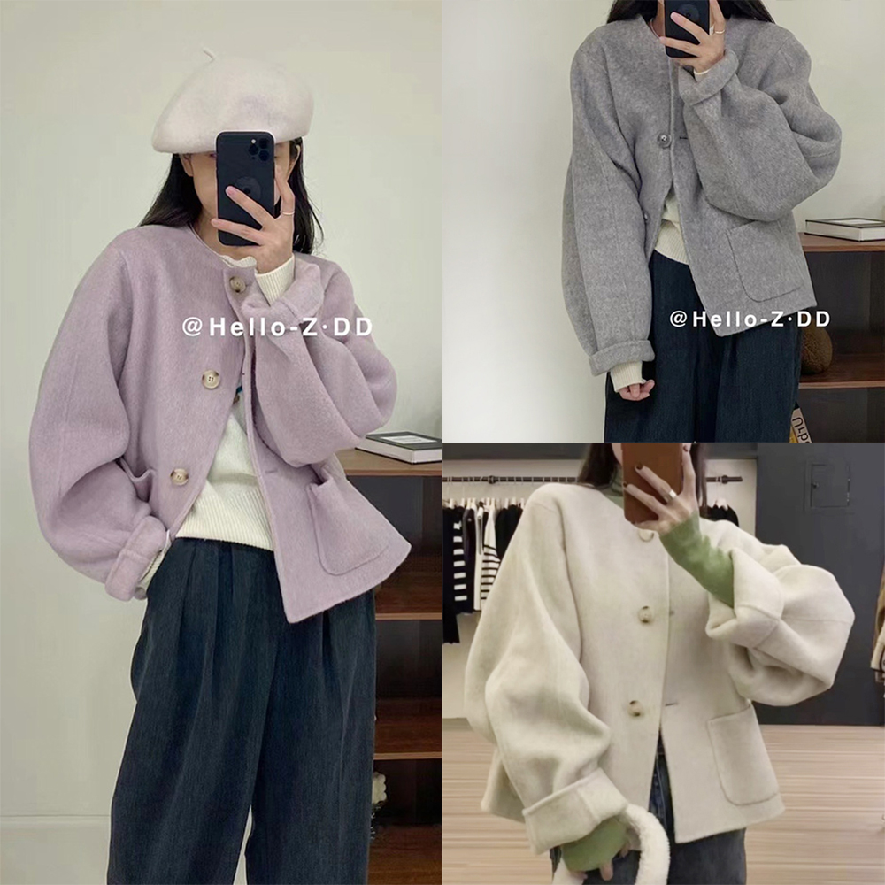 羊毛天丝圆领宽松双面羊绒大衣