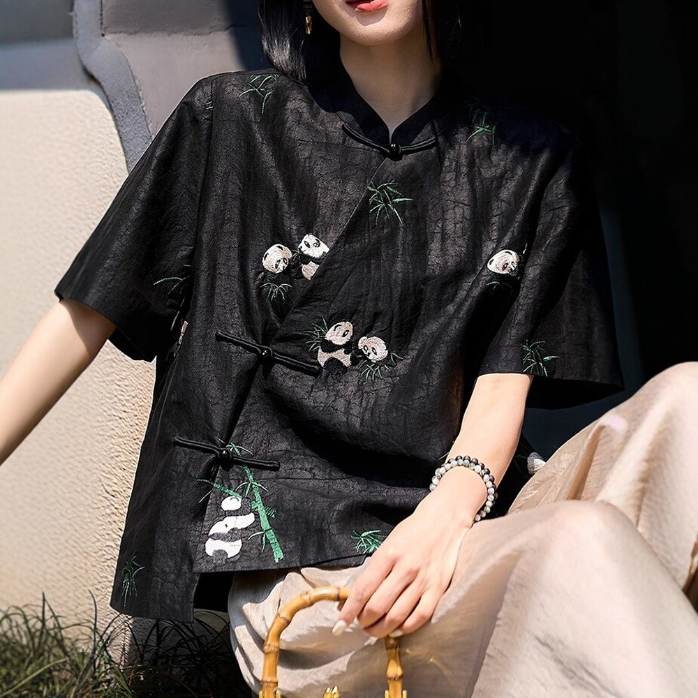 新中式国风！22MM香云纱龟纹熊猫绣花真丝上衣 夏季新款桑蚕丝T恤