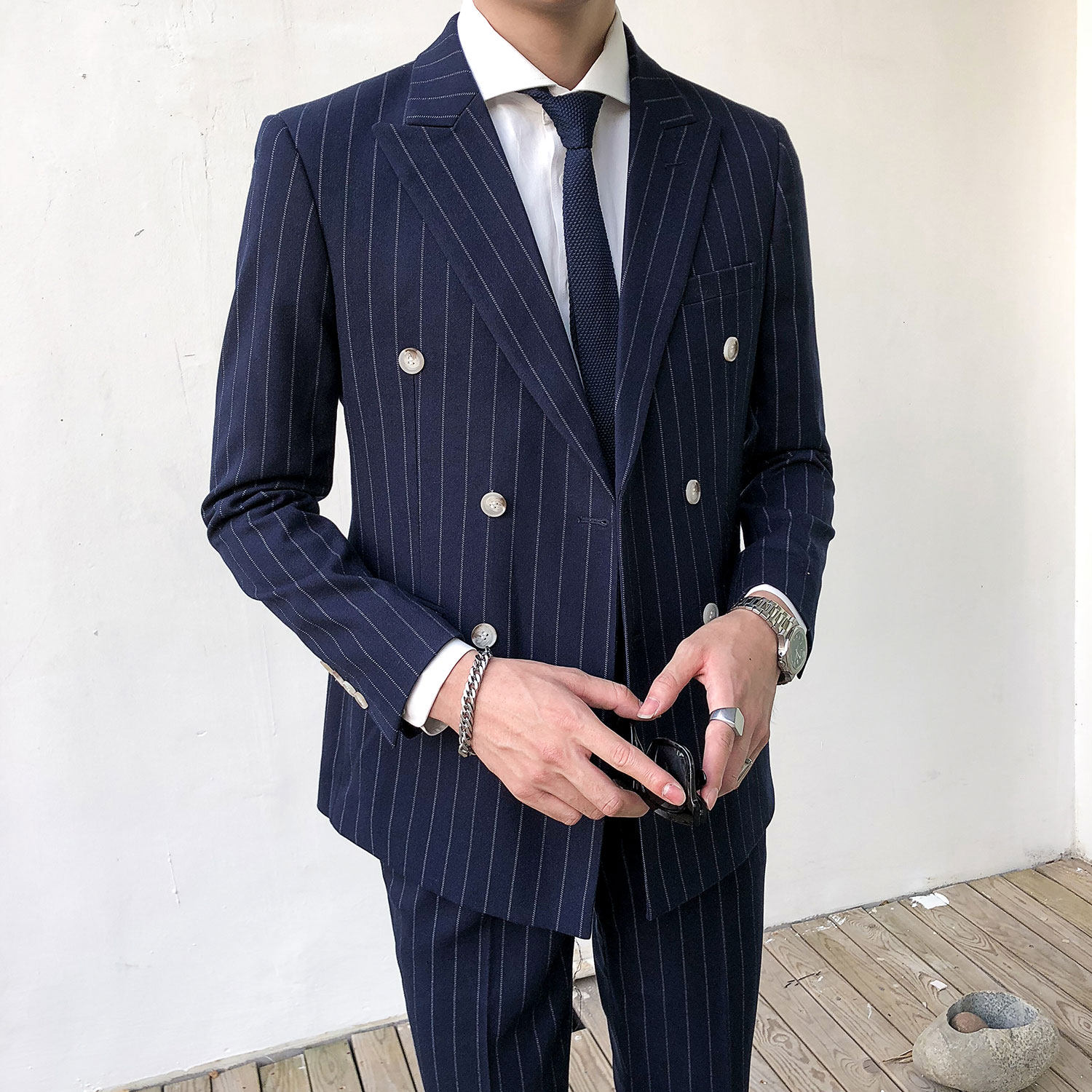 CLEARANCE DONGDAEMUN NEW STRIPED SUIT SUIT MENS SLIM DOUBLE-BREASTED SUIT TWO-PIECE GROOM WEDDING DRESS