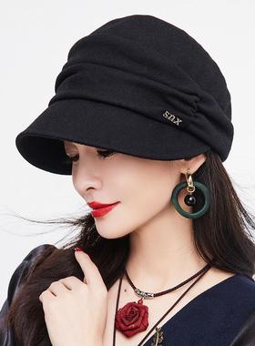 鸭舌帽女秋冬季贝雷帽时装布帽中老年妈妈褶皱帽子羊毛混纺0639