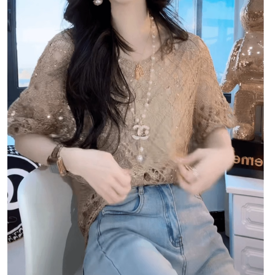时尚亮片镂空气质套头针织上衣女