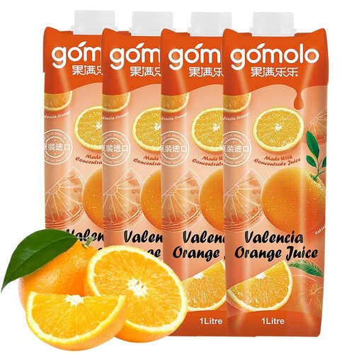 果满乐乐gomolo塞浦路斯进口巴伦西亚橙汁大瓶100%纯果汁1升*4瓶