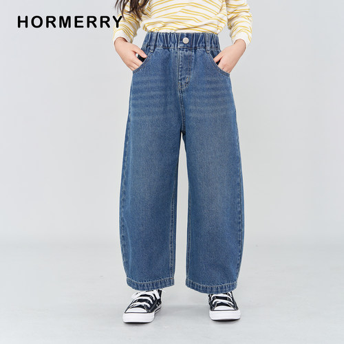 儿童中性款宽松牛仔弯刀裤