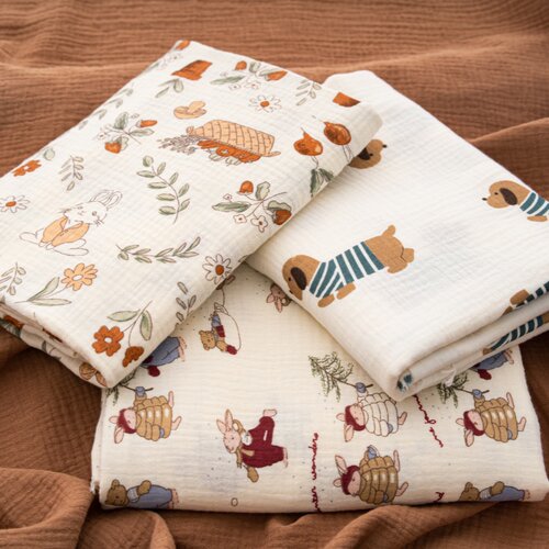 A类全棉双层纱布卡通印花手工布料田园风可外穿DIY面料口水巾包被