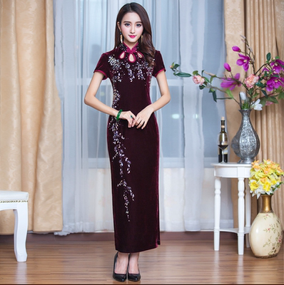 华族经典1602新款金丝绒旗袍女名媛奢华高档婚庆婚礼妈妈装旗袍
