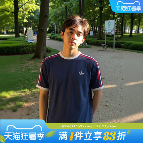 adidas阿迪达斯三叶草男子运动休闲短袖T恤经典三条纹上衣KC8636