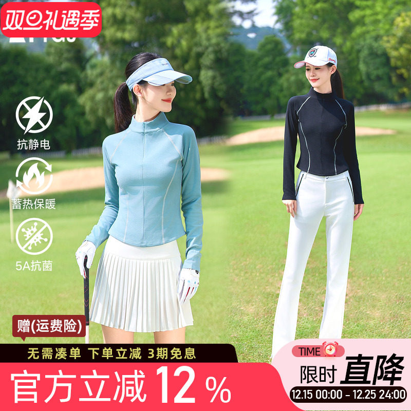 高尔夫球女士秋冬保暖长袖T恤短款加绒修身立领拉链运动上衣服装