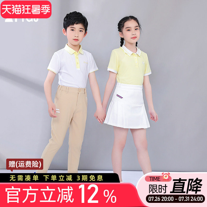 高尔夫球女童儿童短袖POLOT恤衫运动速干荷叶边翻领纯色上衣服装