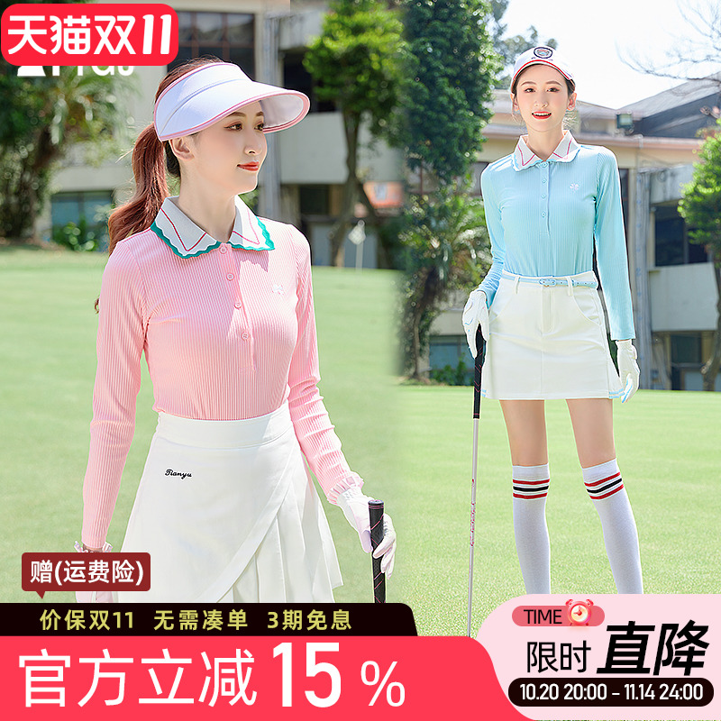高尔夫球服装女款长袖T恤速干polo衫竖条纹翻领针织运动显瘦上衣