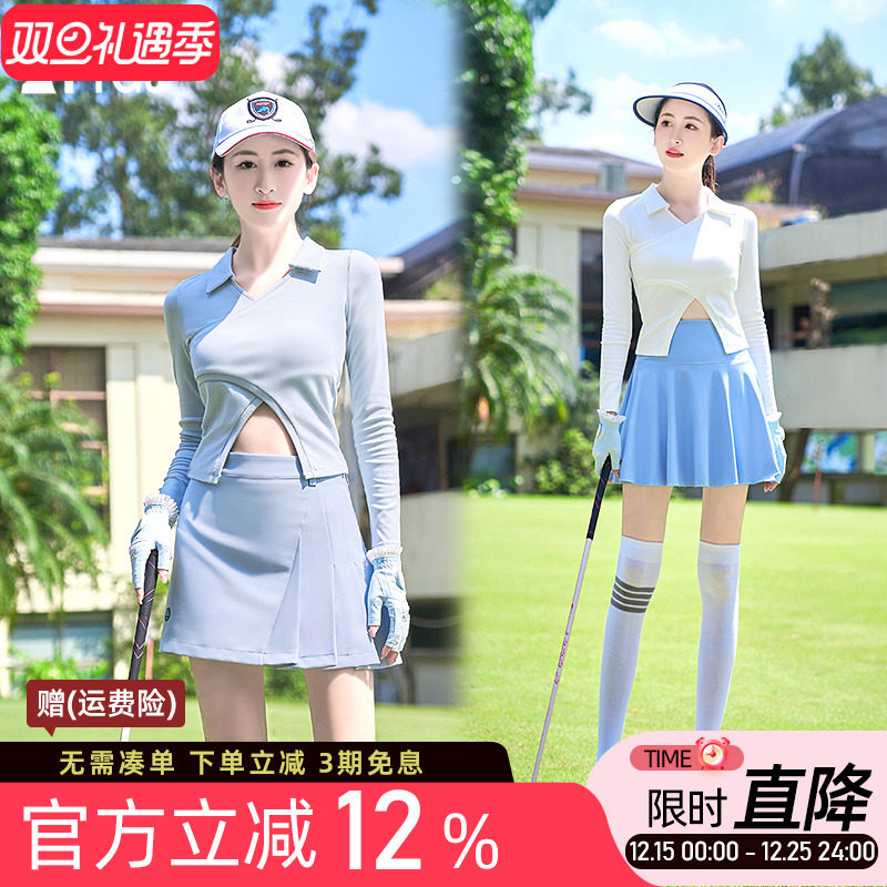 高尔夫球女士长袖T恤衫V领翻领高腰开叉弹力修身显瘦运动上衣服装