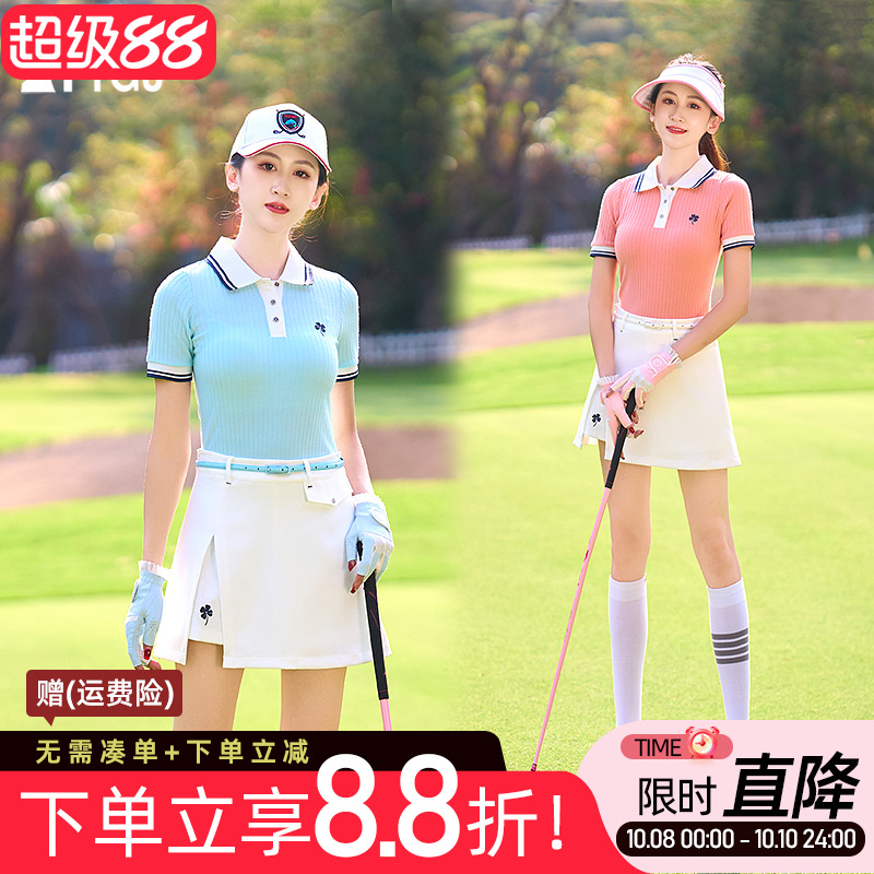 高尔夫球女士短袖T恤POLO衫修身白蓝桔色短裤裙子运动球衣服套装