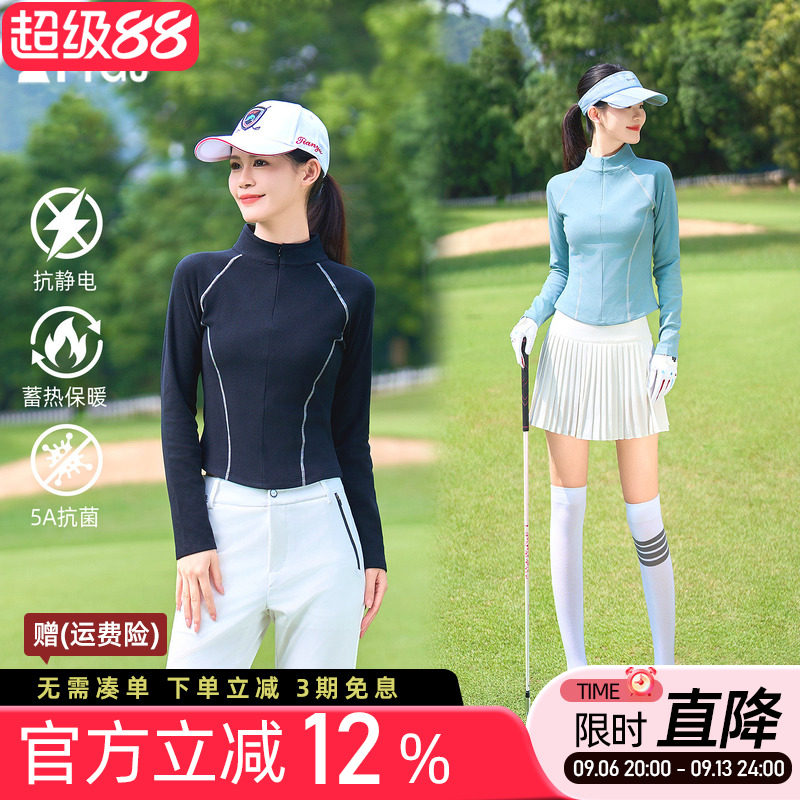 高尔夫球女士秋冬保暖长袖T恤短款加绒修身立领拉链运动上衣服装