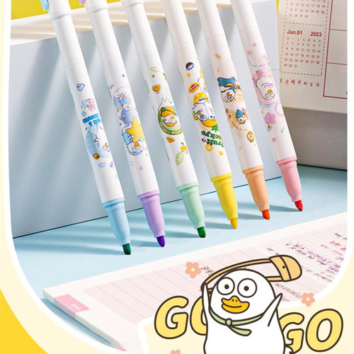 得力SK193小刘鸭柔彩IP荧光笔(混)(6支/盒)标记笔淡色系学生用双头彩色笔套装做笔记营光记号笔彩色银光粗划
