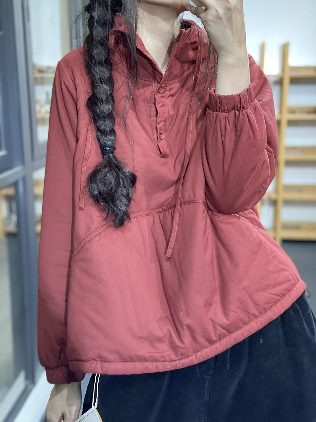 韩版文艺纯色连帽拼接夹棉卫衣