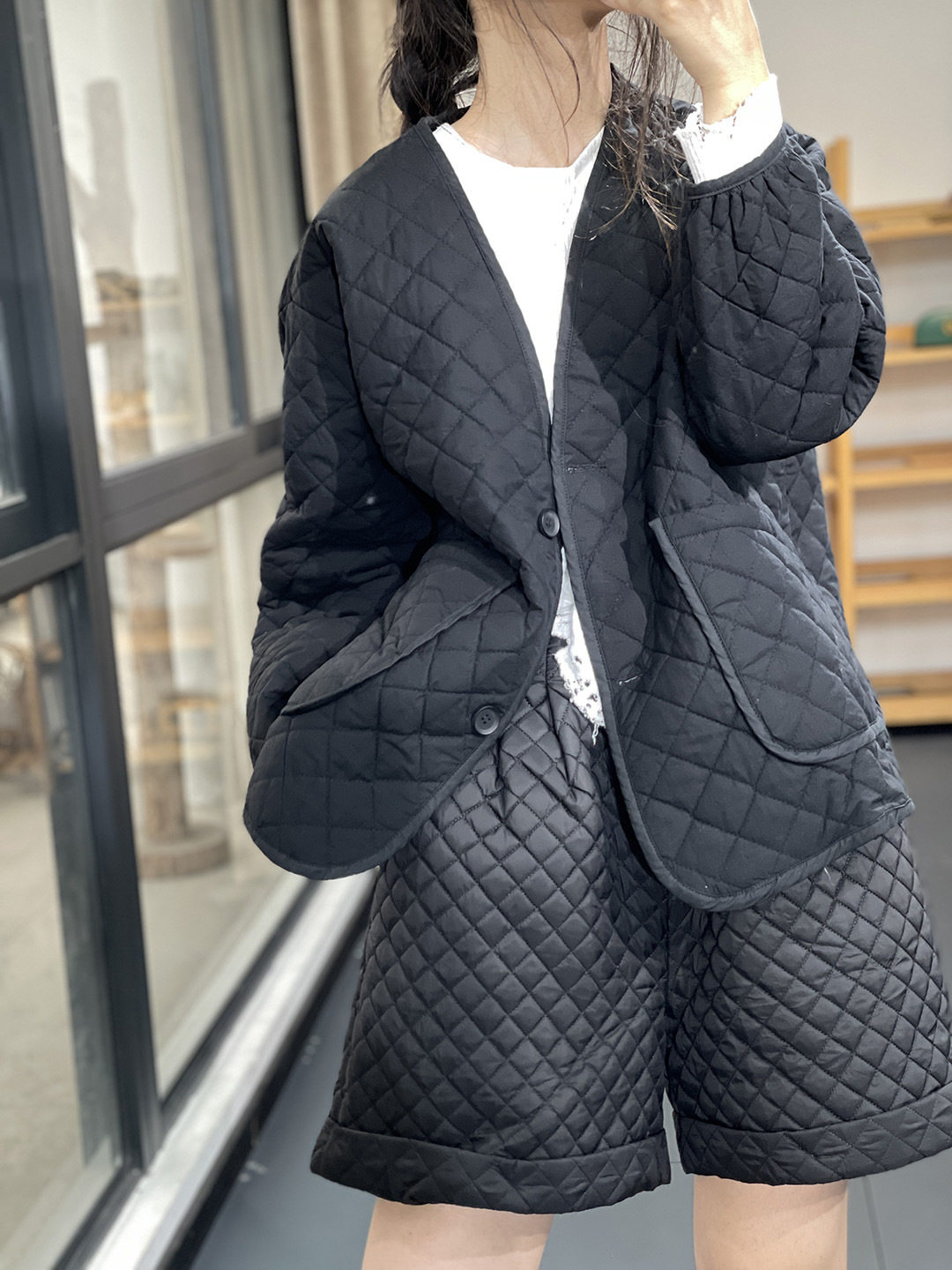 冬款港味文艺宽松V领棉服外套女韩版简约休闲纯色菱形格大码棉衣