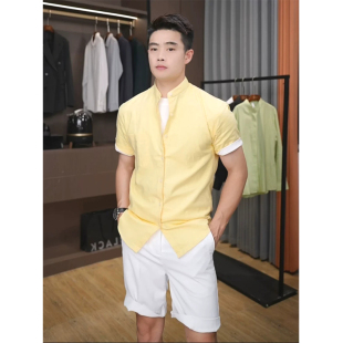 新中式 短袖 亚麻透气中山领衬衣潮 男高级感修身 奶黄色立领棉麻衬衫