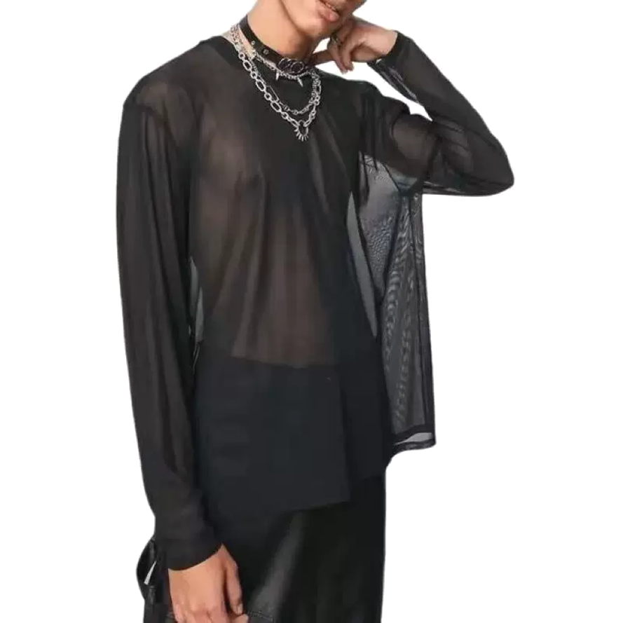 欧美透视性感黑丝罩衫男丝滑弹力长袖t恤轻薄镂空圆领网纱打底衫