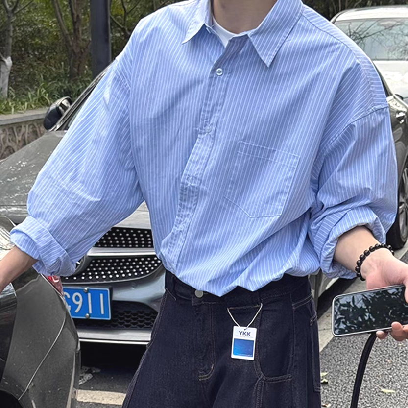 韩系蓝色条纹衬衫男美式vintage长袖防晒开衫单口袋休闲工装衬衣,男装,衬衫,淘宝优惠券,粉丝福利购,淘宝优惠卷