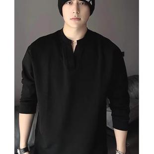 美式深v领卫衣男高级感宽松长袖工装t恤欧货潮牌纯色打底亨利衫潮