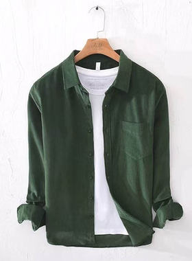 氛围感绿色衬衫男美式灯芯绒长袖口袋开衫条绒保暖休闲工装衬衣潮