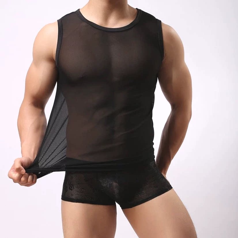 欧美性感透视天丝背心男丝滑凉薄速干无袖t恤健身运动黑丝罩衫潮