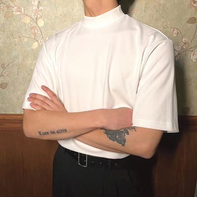 法式高端白t恤男冰丝小领口短袖